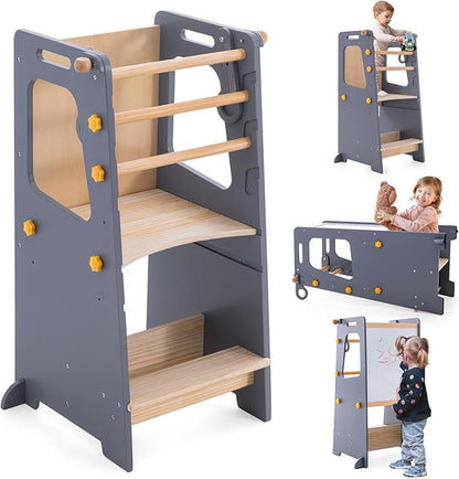 Toddler Standing Tower, Kitchen Stool Helper with Whiteboard, Adjustable Height Kids Toddler Step Stool with Anti-Slip Protection, Kids Step Stool with Safety Feet for Kitchen Bathroom