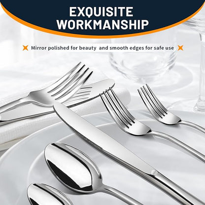 Silverware Set, 40 Piece Stainless Steel Cutlery Sets for 8, Heavy Duty Flatware, Mirror Polished Forks Spoons and Knives Set, Reusable Utensils for Home Kitchen, Dishwasher Safe