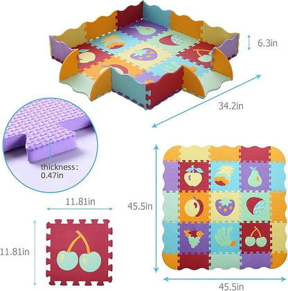 Foam Play Mat for Kids，25Pcs Square Interlocking Puzzle Floor Mat，Baby Play Mat Floor Mat Foam Puzzle Playmat for Toddlers with Fence（Fruit-CSH008