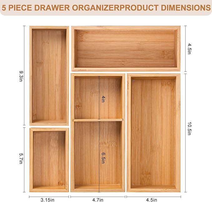 Bamboo Drawer Organizer 5 Pcs for Kitchen Multi-purpose Storage Dividers for