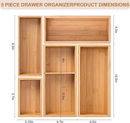 Bamboo Drawer Organizer 5 Pcs for Kitchen Multi-purpose Storage Dividers for