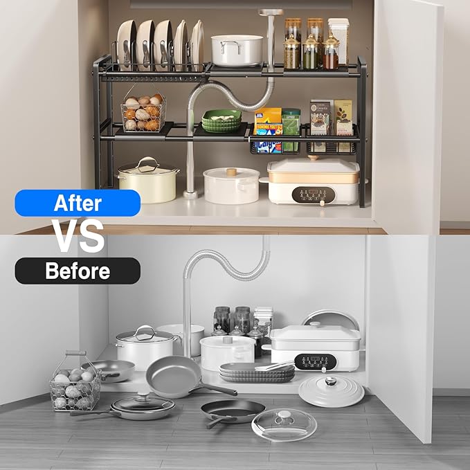 Mustorn Pots and Pans Organizer Under Cabinet, Expandable 2 Tier Under Sink