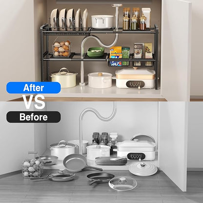 Mustorn Pots and Pans Organizer Under Cabinet, Expandable 2 Tier Under Sink