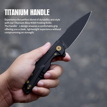 Folding Knife pocket knife EDC Knife With Clip Survival knife Hunting knife - M390 Steel Titanium Handle - Outdoor Hunting Survival Camping knife with Sheath (Black)