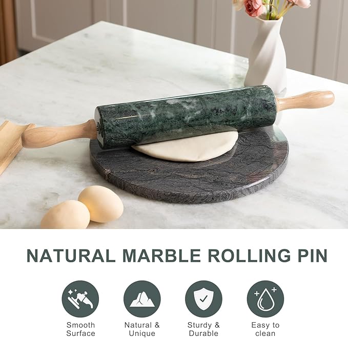 Koville Indian Green Marble Rolling Pin, Non-Stick Stone Dough Roller, 18 Inch