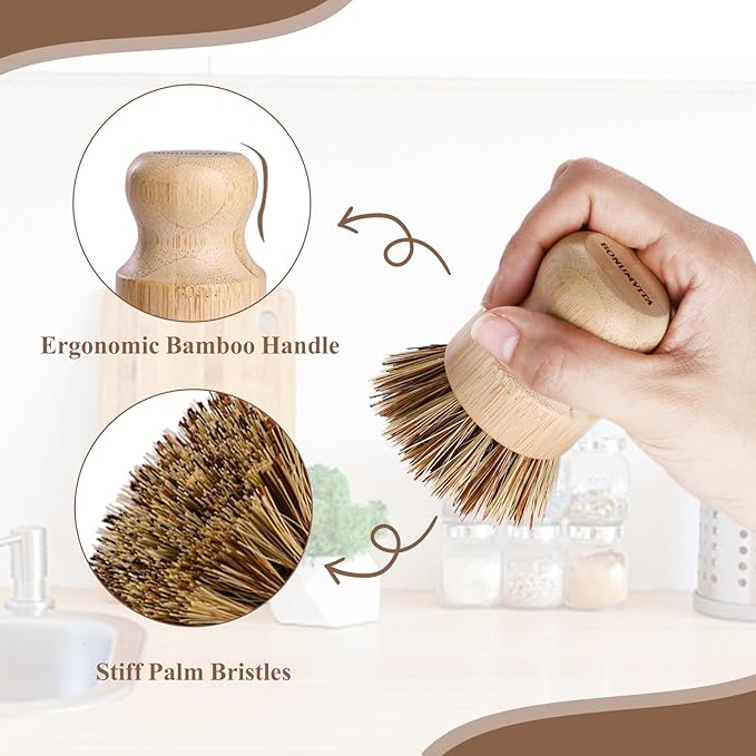 Bamboo Dish Brush Set, 4 Pack Kitchen Palm Pot Brush