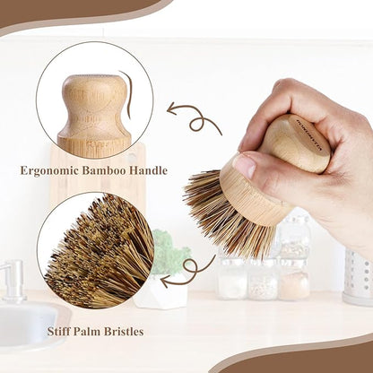 Bamboo Dish Brush Set, 4 Pack Kitchen Palm Pot Brush