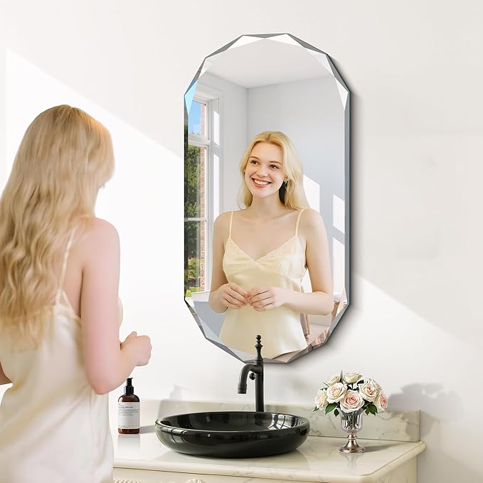 GLASHOM Beveled Edge Frameless Bathroom Mirror, Oval Wall Mirror