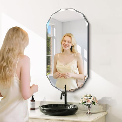 GLASHOM Beveled Edge Frameless Bathroom Mirror, Oval Wall Mirror