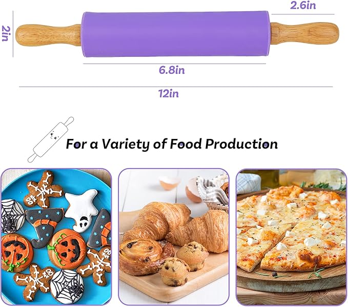 Koogel Rolling Pin for Baking, 12 Inch Non-Stick Silicone Surface, Wooden