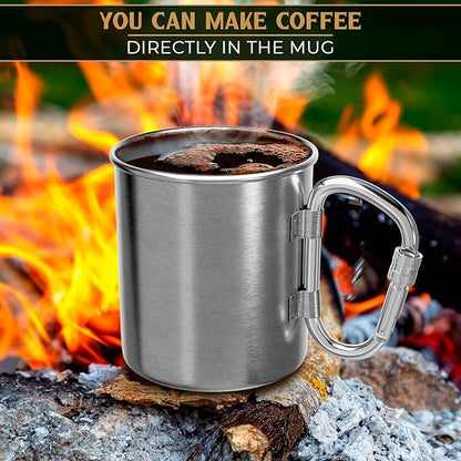 13.5 Oz Stainless Steel Camping Mug with Carabiner - Metal Camping Cup for Traveling, Lightweight and Heat-Resistant, Durable and Easy to Clean Hiking Cup, Comfortable to Hold and Drink