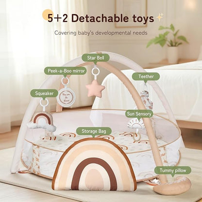 Crisschirs 6-in-1 XL Large Baby Gym & Ball Pit, Play Mat & Play Gym, Combination Baby Activity Gym with Milestone Cards for Sensory Exploration and Motor Skill Development, Balls are not Included