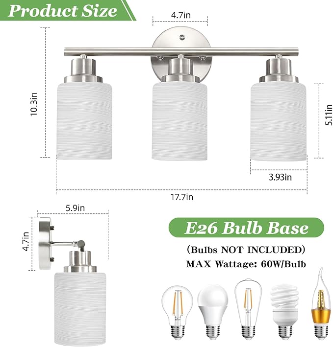 Guliaofo 3-Light Bathroom Light Fixtures, Vanity Lights