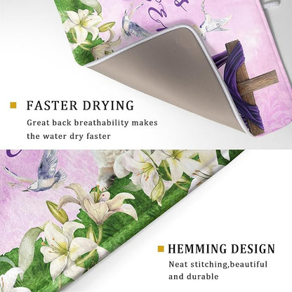 Giwawa Easter Purple Dish Drying Mat, He is Risen Cross Lamb Floral Dish