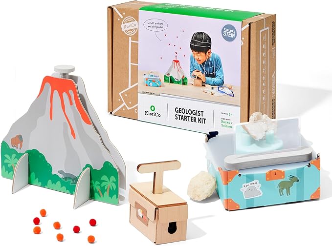 KiwiCo Volcano Science Kit for Kids Age 5 to 8 – STEM Science Kit & Educational Toy with Rock & Mineral Exploration, Real Geodes, Magnifying Lens, Display Case & Eruption Experiment