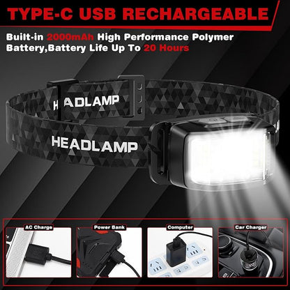 Headlamp Rechargeable,2 Pack 2000 Lumen Super Bright Led Headlamp,16 Modes Motion Sensor Head Lamp,Ipx6 Waterproof Lightweight Headlight,White Red Flashlight For Fishing Camping Hunting Essentials