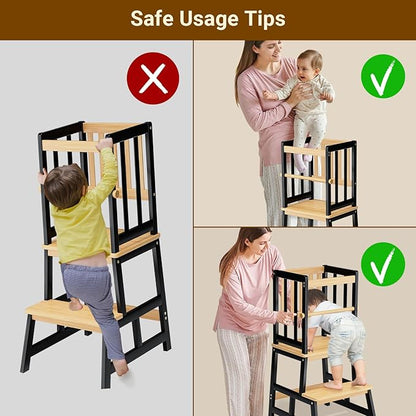 COSYLAND Toddler Kitchen Stool Helper – Stable A-Frame Design Kids Kitchen Step Stool with Protective Crossbar – Wooden Toddler Standing Tower for Learning in Bathroom (Black & Natural)