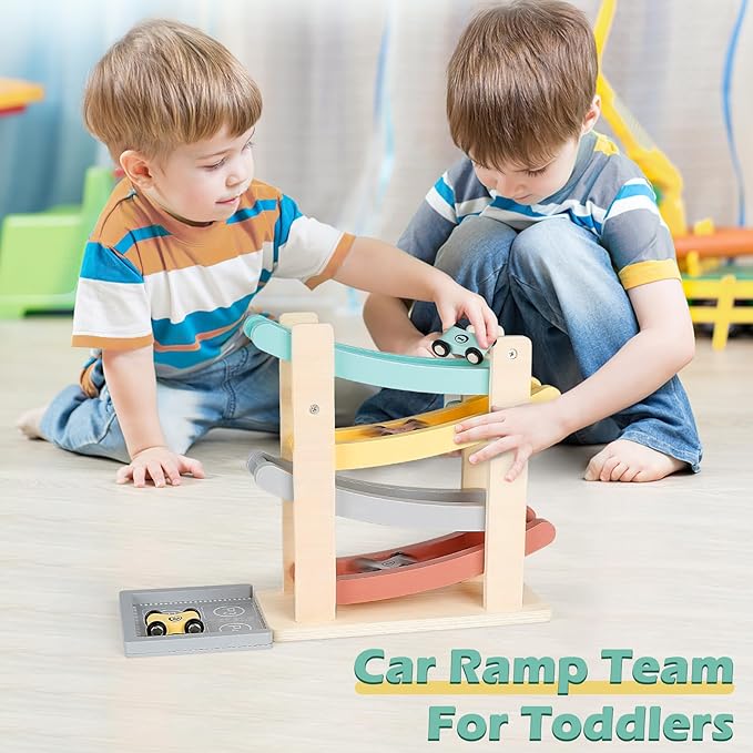 Car Ramp Toys for One Year Old Boy Birthday Gifts, Wooden Montessori Toys for 1 2 Year Old, Race Track Truck Toy with 4 Mini Cars/1 Parking Lot, First Christmas Birthday Gifts for Toddlers 1-3-2-4