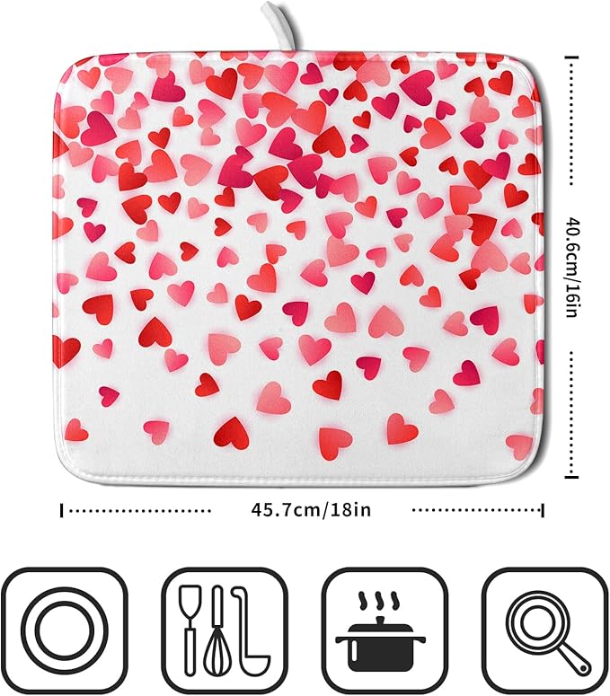 Valentines Dish Drying Mat for Kitchen Counter Hearts Holiday Microfiber