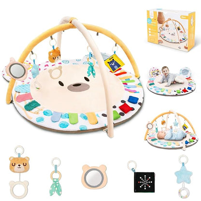 Baby Play Gym, Thickened and Non Slip Activity Mat, 5 Developmental Zones Tummy Time Mat with 5 Detachable Sensory Toys for Motor Skills, Baby Essentials Shower Gift Box(Bear)