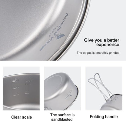 iBasingo Backpacking Cookset Titanium Camping Pots Set Ultralight Outdoor Picnic Pots Pans with Folding Handle Druable Portable Cooking Mess Kit Compact Picnic Dishes Bowls Cups (Multiple Sizes)