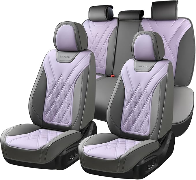 Coverado Car Seat Covers Full Set, Seat Covers for Cars, Waterproof Leather Automotive Seat Cover, Universal Car Interior Protectors Cushion for Most Cars Gray_Pruple