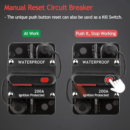 3 Pack 200 Amp Circuit Breaker Manual Reset Wire Lugs Copper Washer for Car Marine Trolling Motors Boat ATV Manual Power Protect for Audio System Fuse, 12V-48VDC