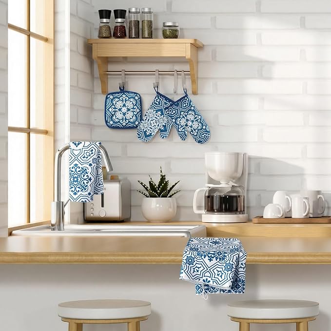 Jingmore 6 Pcs Kitchen Decor Set Accessory Farmhouse Kitchen Towels Pot Holders