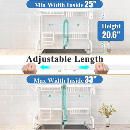 Over The Sink Dish Drying Rack, Adjustable 2 Tier Metal Steel Dish Drying Racks