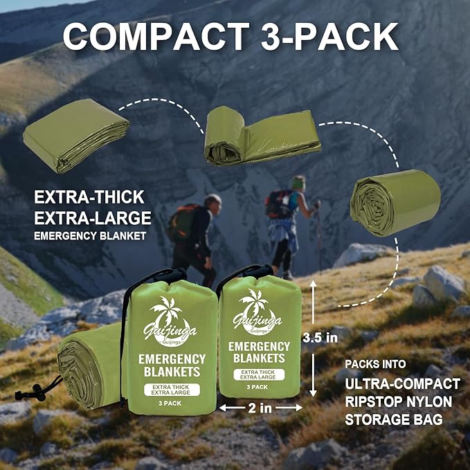 3-Pack Emergency Blanket, Extra-Thick Extra-Large Survival Blanket, Thermal Reflective Emergency Thermal Blanket for Outdoor Adventures, for Camping, Hiking, and Car Emergencies (Army Green)