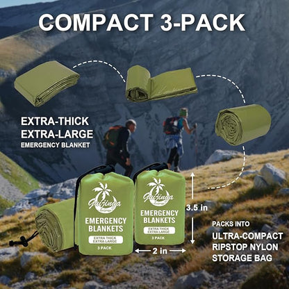 3-Pack Emergency Blanket, Extra-Thick Extra-Large Survival Blanket, Thermal Reflective Emergency Thermal Blanket for Outdoor Adventures, for Camping, Hiking, and Car Emergencies (Army Green)