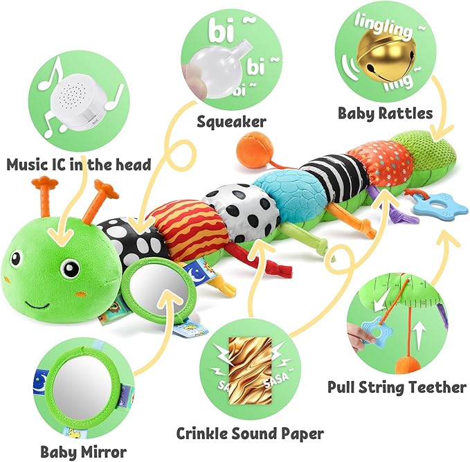 LIGHTDESIRE Baby Toys Musical Caterpillar,Infant Toys Stuffed Animals with Ruler Design,Mirror,Pull String&Ring Bell,Baby Teething Toy for Tummy Time Toy Newborn Boy Girl 3 6 12 Months(Grass Green)