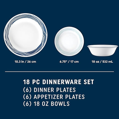 Corelle Vitrelle 18 Piece Glass Dinnerware Sets Service for 6, Triple Layer Chip & Crack Resistant Glass Plate and Bowl Sets, Acadia