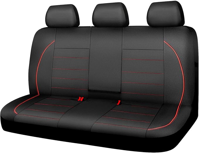 CAR PASS Leather Back Seat Cover,Piping Waterproof Bench Seat Cover, Rear Seat Cover Universal Fit for Cars Sedans SUVs Truck 95% Automotive Interior Backseat Car Covers (Rear,Black and Red)