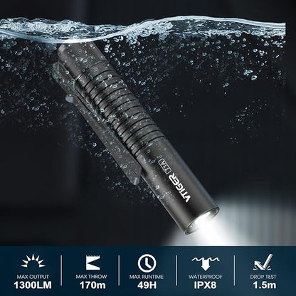 VTIGER T1A Mini Pocket EDC Flashlight with Clip,1300 Lumen Compact AA Rechargeable LED Little Flashlights, Super Bright Tail Switch Small Flash Light with Magnet for Camping,Hiking,Outdoor,Emergency