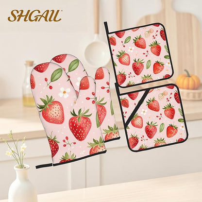 Strawberry Daisy Pattern Oven Gloves and Hot Pads Set