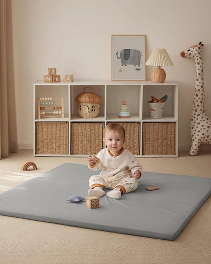 Blissful Diary Vegan Leather Baby Play Mat, 47x47 Thicken Foam Cushioned & Waterproof Playpen Mat for Infants and Toddlers, Stylish and Just Wipe-Clean Playmat for Baby Play on Floor, Light Gray