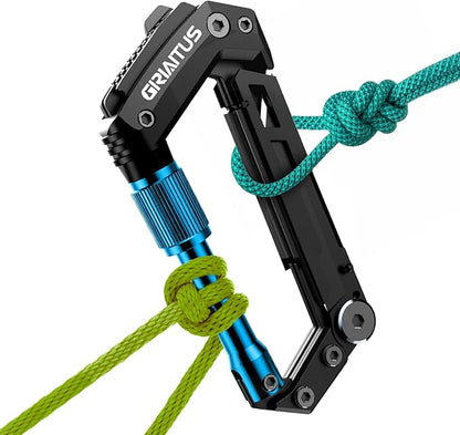 Carabiner Multitool with Pocket Knives, EDC Carabiners, Serrated Knife, Rope Cutter, Screwdriver, Can Bottle Opener, Ruler, Folding Knife for Camping Hiking, Stocking Stuffers Gifts for Men (Blue)