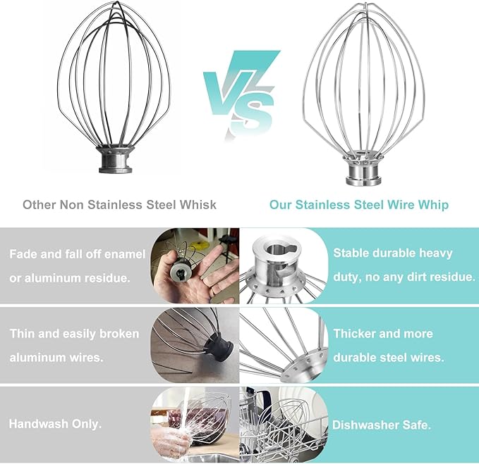 Wire Whip for KitchenAid Stand Mixer, airkitrep K5AWW Whisk Replacement, Stainless Steel 6 Wire Whip Attachment, Balloon Whisk Fit for Kitchen Aid 5 Quart Bowl-Lift, Ideal for Beating Eggs, Cream