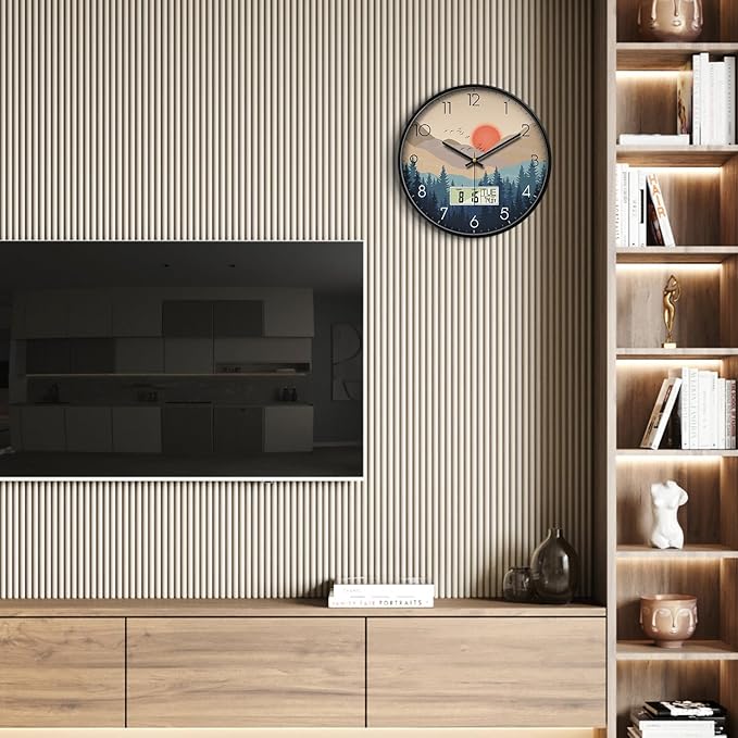 Silent Wall Clock with Day Week Temperature Wilderness with Sunset Non-ticking