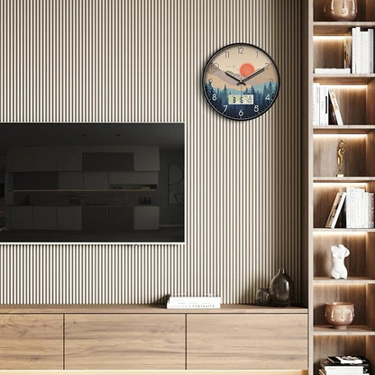 Silent Wall Clock with Day Week Temperature Wilderness with Sunset Non-ticking