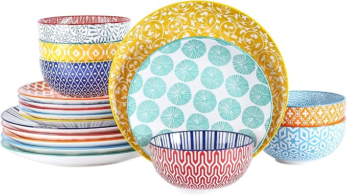 Selamica Ceramic Dinnerware Sets for 6, 18 Pieces Plates and Bowls Set, Scratch Resistant Dishes Set, Dishwasher&Microwave Safe, Assorted Colors
