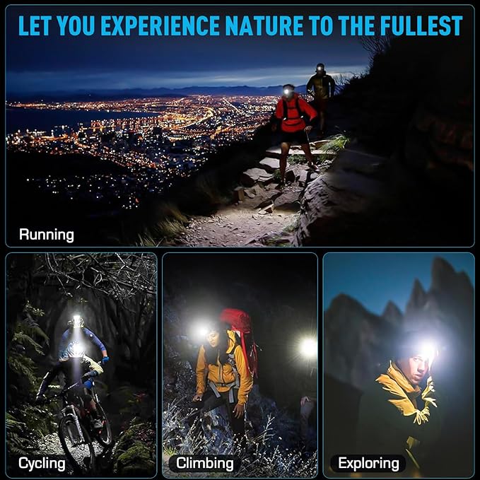 AMAKER LED Headlamp Rechargeable, 9000mAh Long Battery Head Lamp with 5 Modes, IPX7 Waterproof USB Rechargeable Headlight, Zoomable Headlamp for Adults, 90° Adjustable for Camping Hunting Climbing