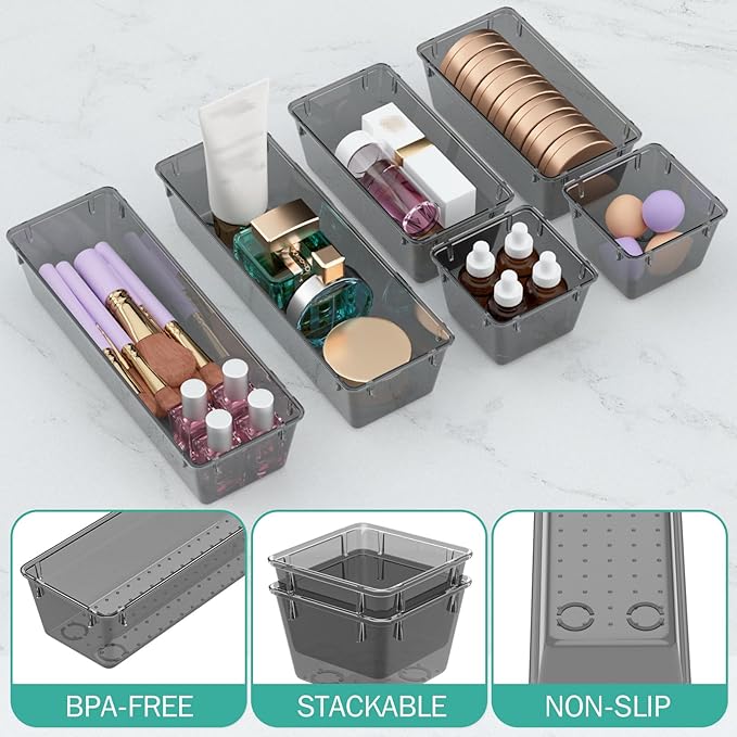 WOWBOX 6 Pack Clear Drawer Organizer Set, Acrylic Drawer Storage Trays