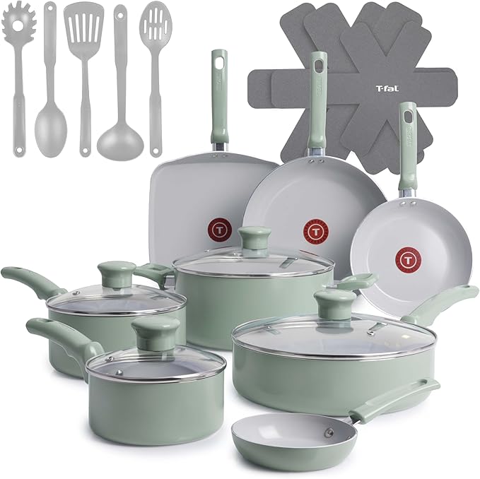 T-Fal Refresh Ceramic Nonstick Cookware Set, Oven Safe to 350°F, Ceramic Pots