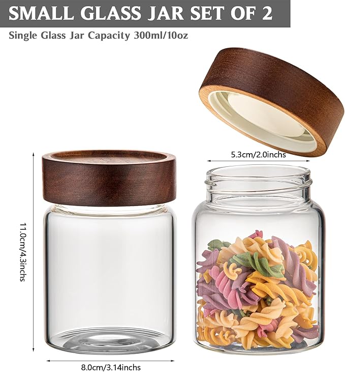 Small Glass Coffee Jars with Top Screw Lid Round Storage Canister Clear Glass Food Jar for Pantry Sugar Tea Coffee Bean Spice Nuts Cookies Bath Salts (2×300ml(10oz))