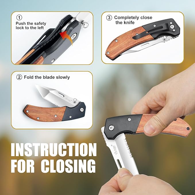 Vickay Pocket Knife, Folding Knife with Clip - 3.54″ Tanto Serrated Blade, Wood Handle EDC Knife for Men & Women, Outdoor Camping, Tactical, Hiking, Survival - Father’s Day Gift (Satin Silver)