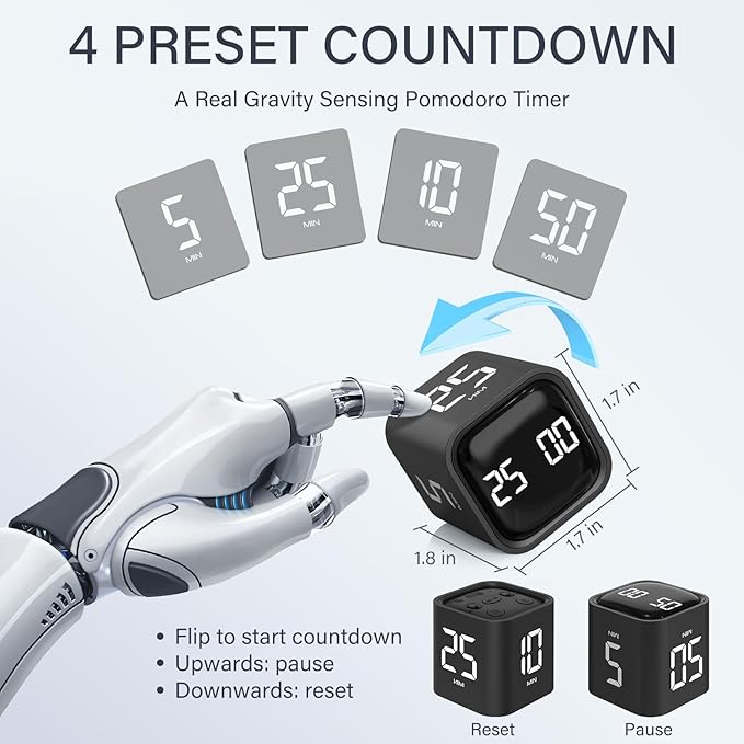 Rotating Pomodoro Timer 5, 10 50 Minutes Preset, Desk Productivity Flip Timer