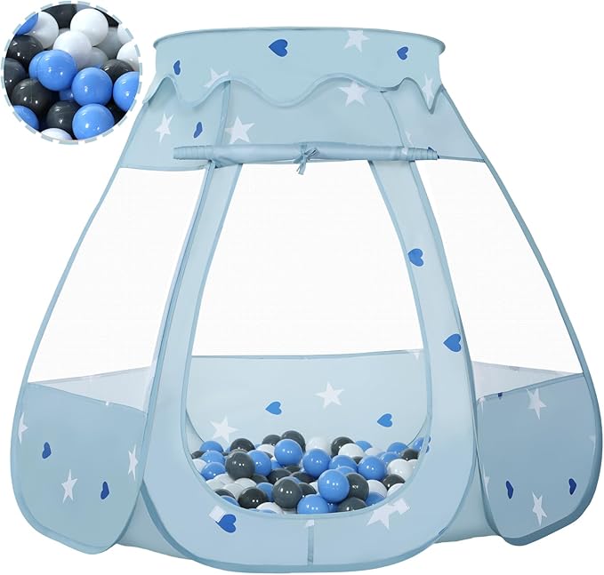 Baby Ball Pit for Toddler with 50 Balls, Kids Pop Up Play Tent for Girls, Princess Toys Gifts for Children Indoor & Outdoor Playhouse (Greyish-Blue: Gray/White/Babyblue, 109x90cm/50 Balls)