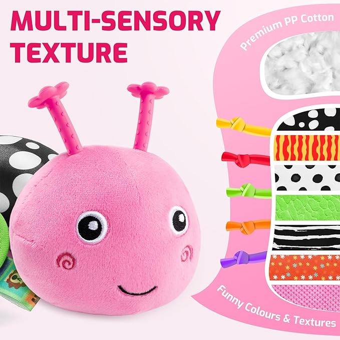 Sumobaby Baby Toys 0-6 6-12 Months,Music Caterpillar Plush Toy with Baby Mirror, Pull String&Crinkle Rattle,Infant Sensory Toys,Tummy Time for 0-3-6-12 Month Boys Girls Newborn Gifts (Pink-Branch)